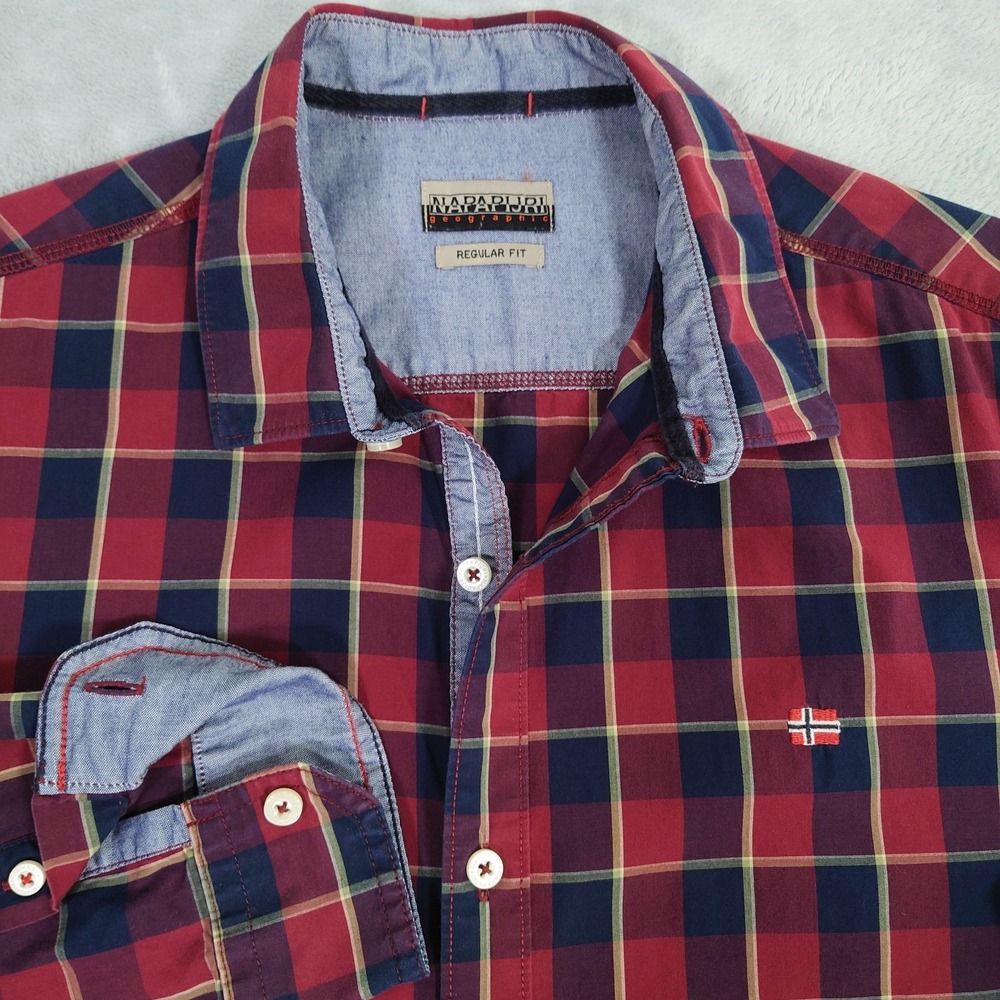 Napapijri Geographic Mens XL Plaid Long Sleeve Cotton Button Up Shirt Red Navy